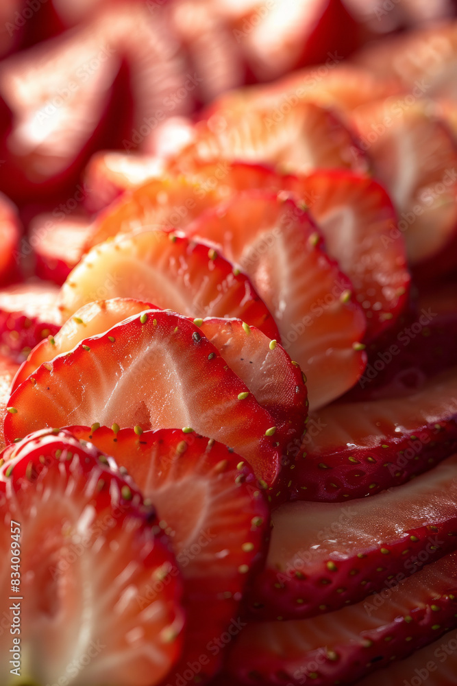 Poster macro image of sliced strawberries being arranged on a smoothie bowl,
