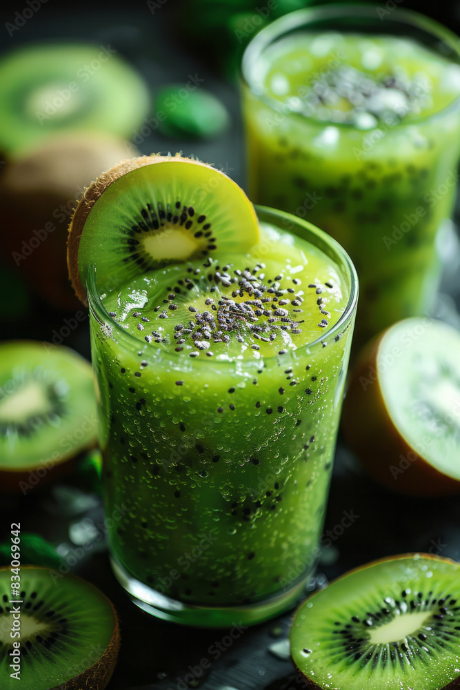 Poster macro image of kiwi slices being artfully placed around the rim of a smoothie glass,