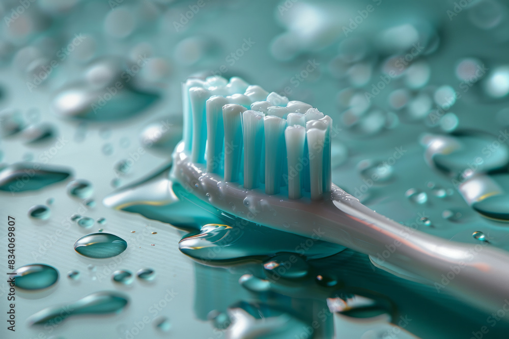 Poster a toothbrush with toothpaste forming concentric circles around it on a green background,