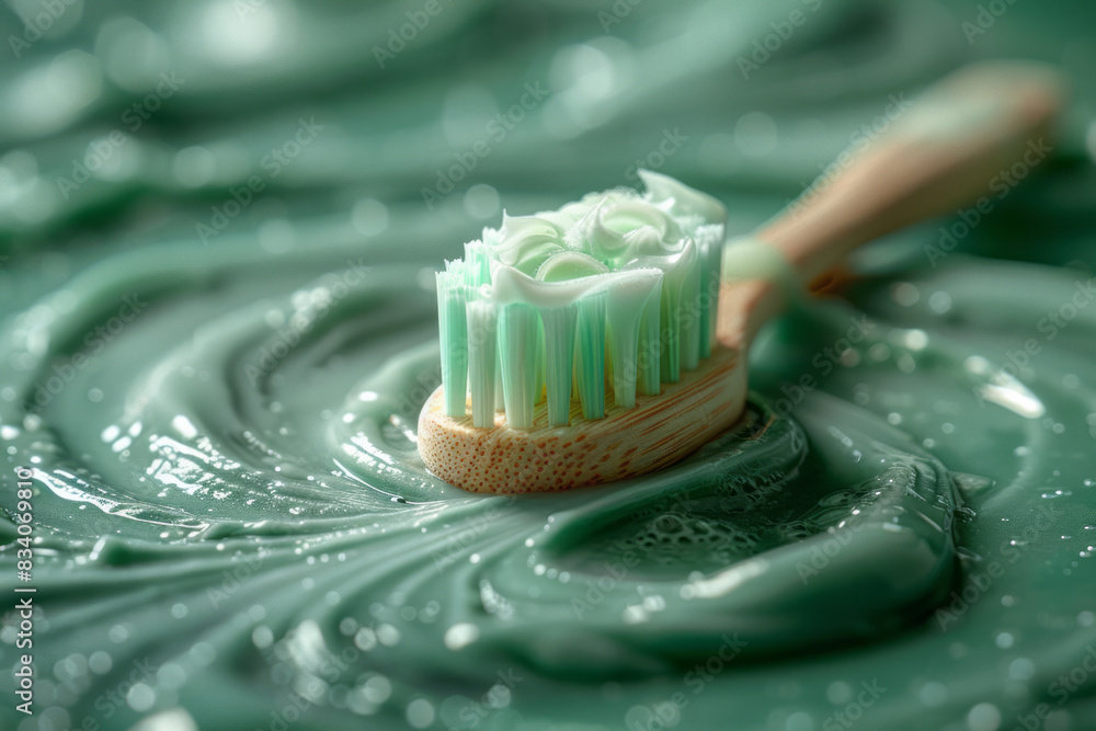 Poster a toothbrush with toothpaste forming concentric circles around it on a green background,