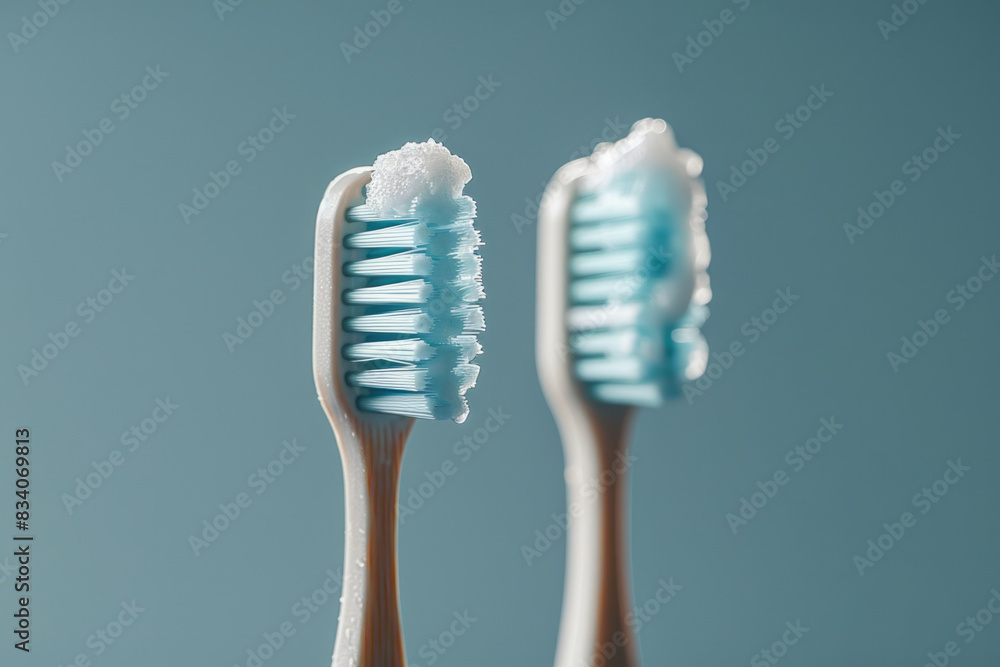 Fototapete Two toothbrushes with toothpaste creating a symmetrical pattern between them on a blue background,