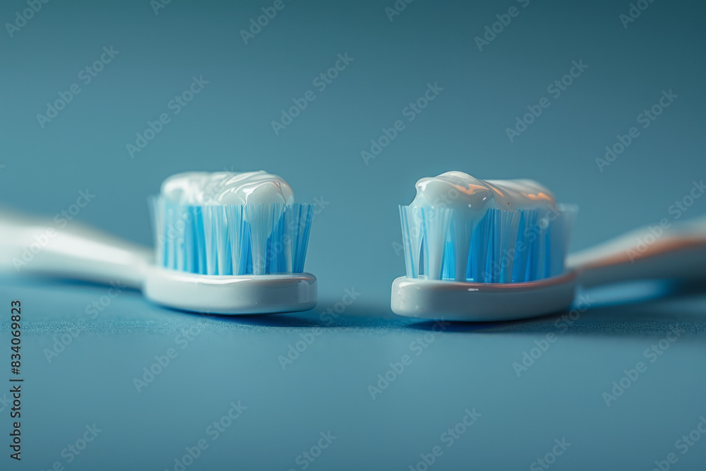 Aufkleber Two toothbrushes with toothpaste creating a symmetrical pattern between them on a blue background,