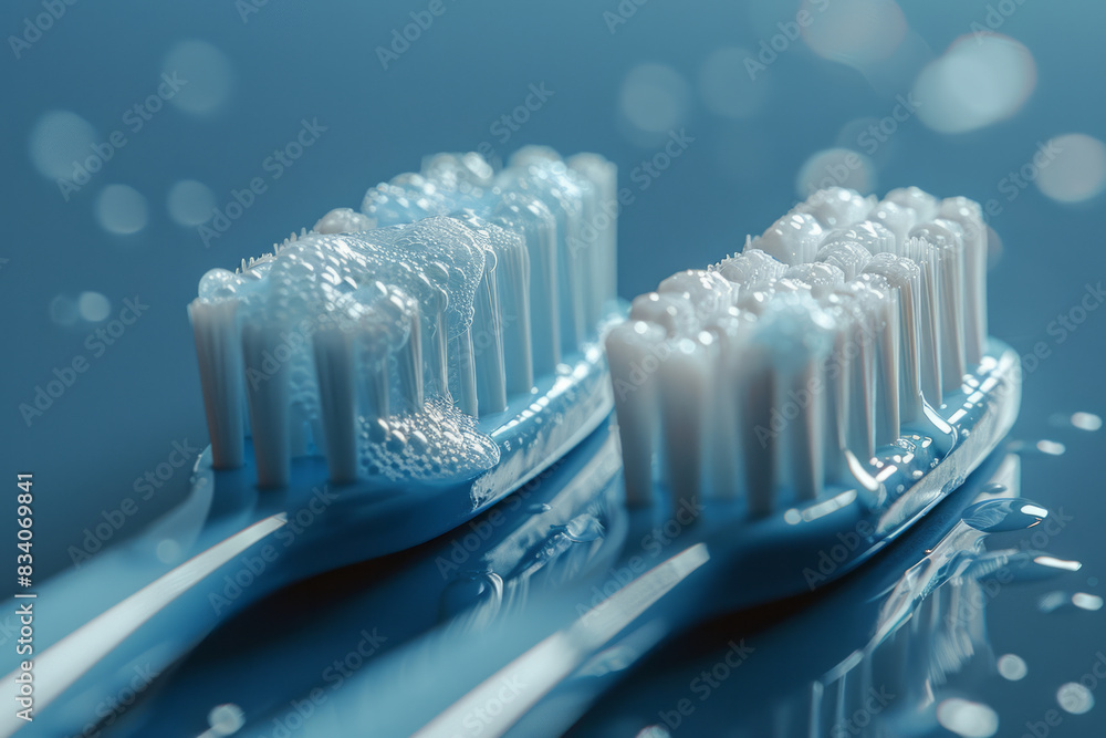 Aufkleber Two toothbrushes with toothpaste creating a symmetrical pattern between them on a blue background,