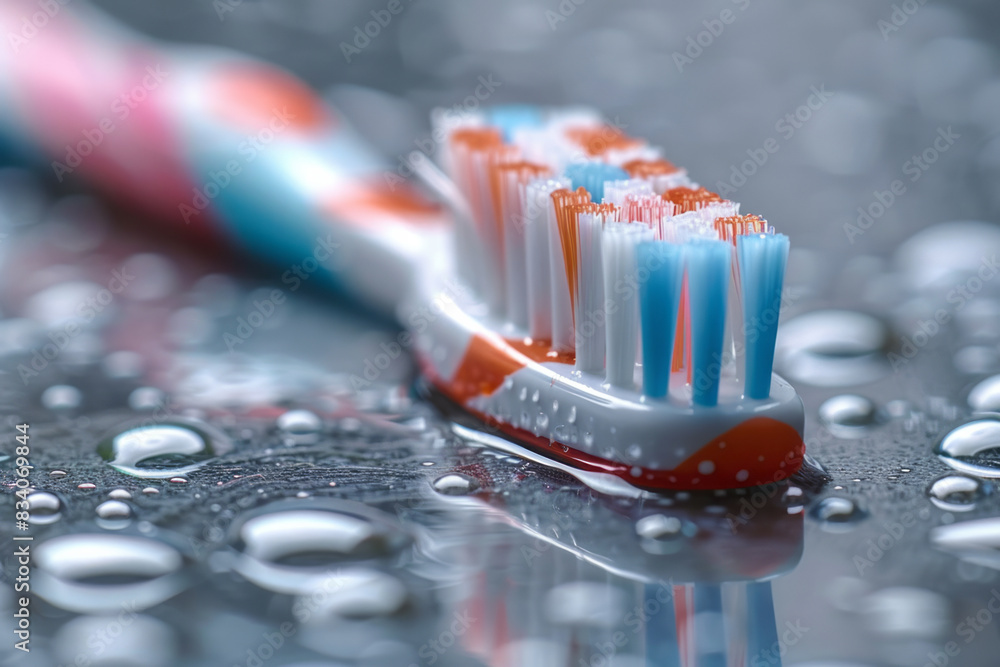 Poster A toothbrush with toothpaste squeezed out in a geometric pattern beside it on a grey background,