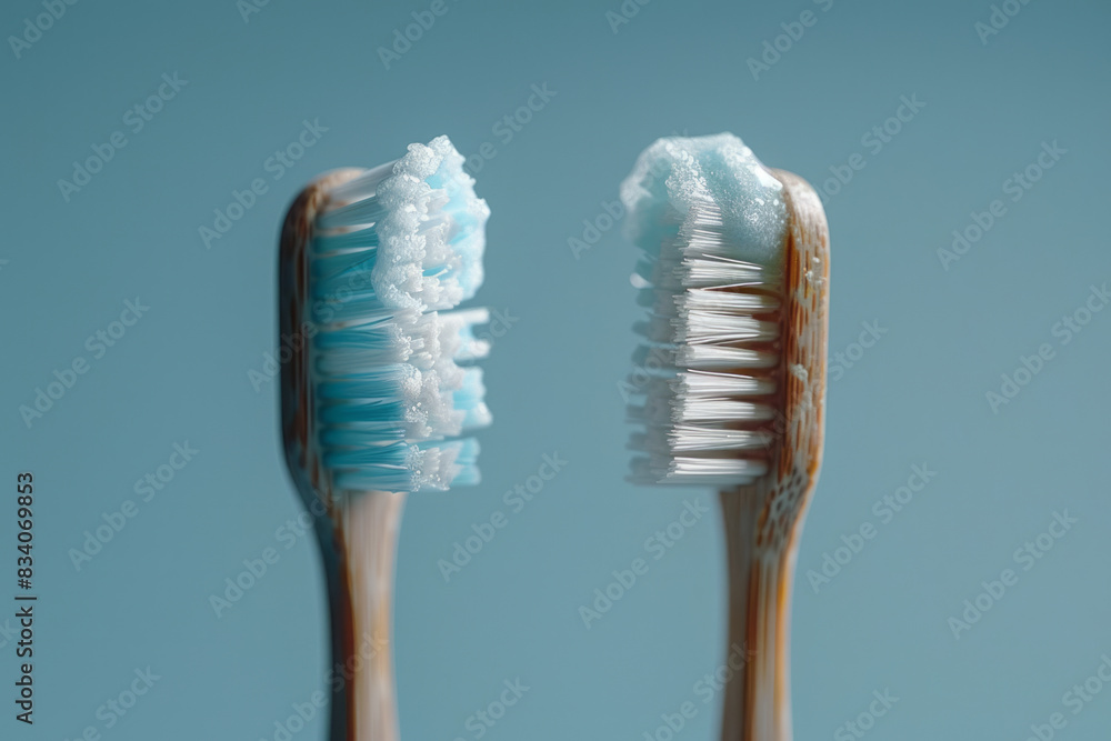 Aufkleber Two toothbrushes with toothpaste creating a symmetrical pattern between them on a blue background,