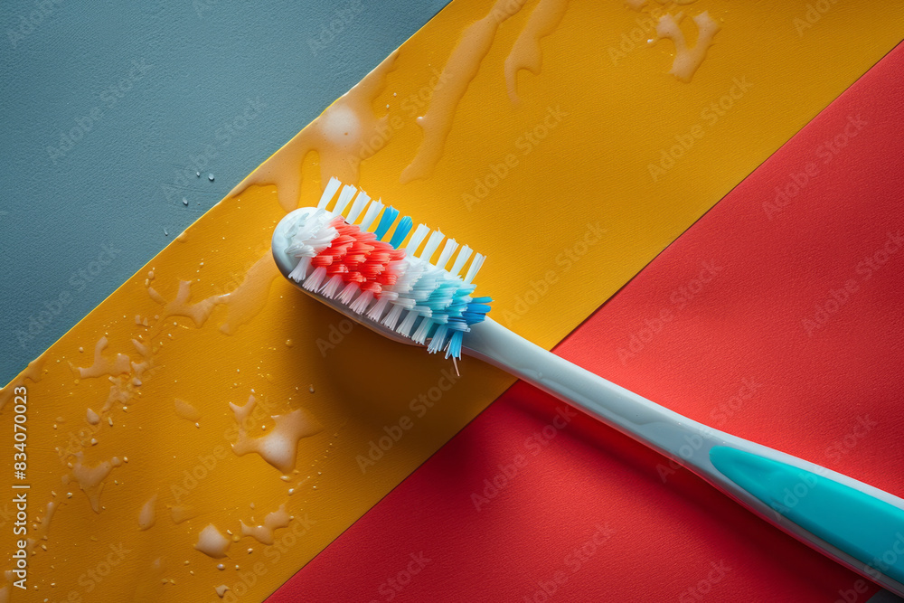 Poster A toothbrush with toothpaste squeezed out in a geometric pattern beside it on a grey background,