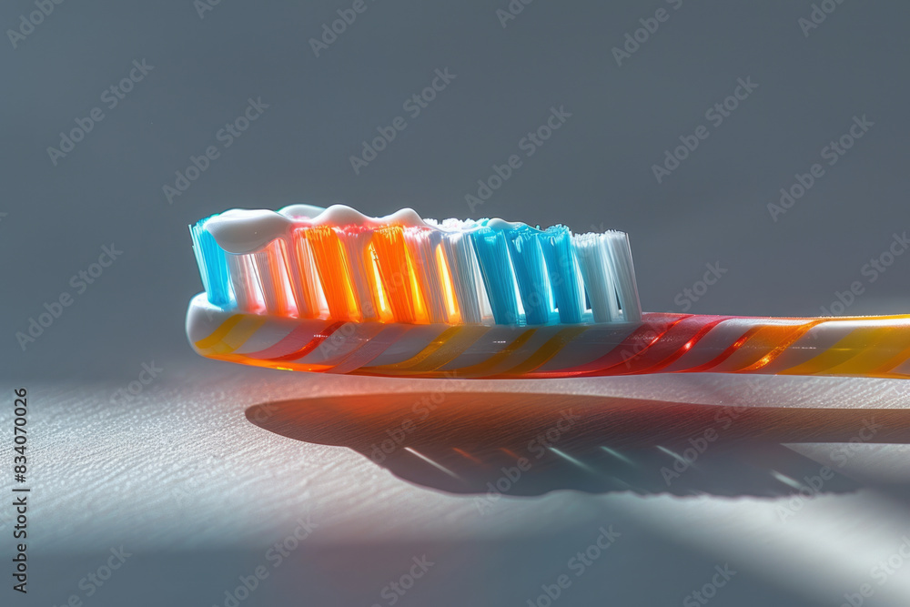 Poster A toothbrush with toothpaste squeezed out in a geometric pattern beside it on a grey background,