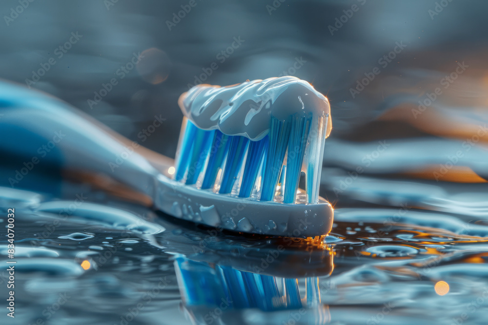 Aufkleber A toothbrush with toothpaste squeezed out in a geometric pattern beside it on a grey background,