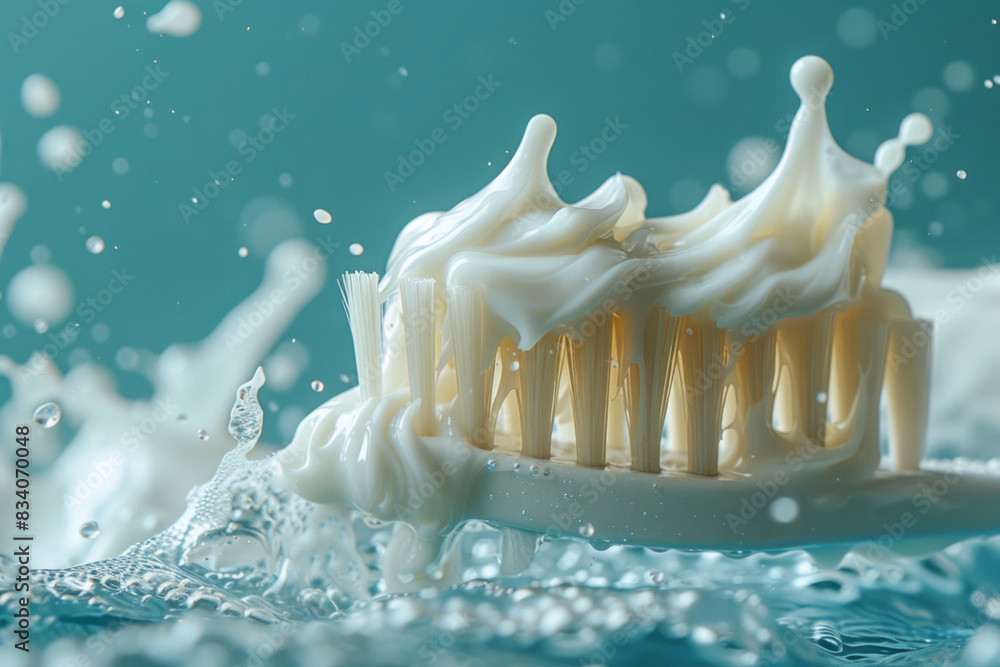 Poster a toothbrush with toothpaste forming a wave pattern on the bristles against a teal background,