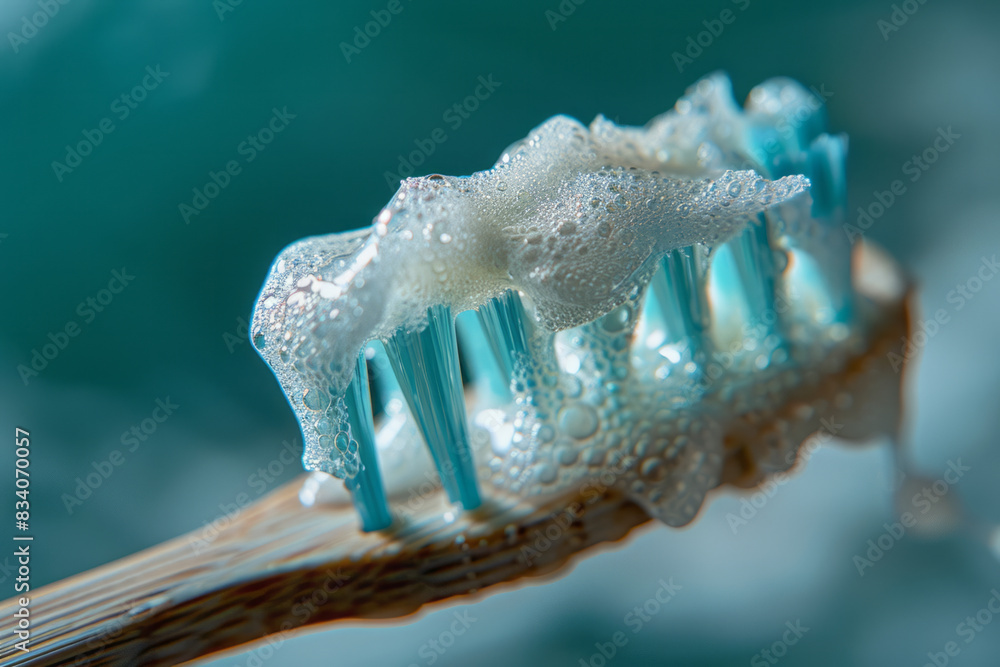 Poster a toothbrush with toothpaste forming a wave pattern on the bristles against a teal background,