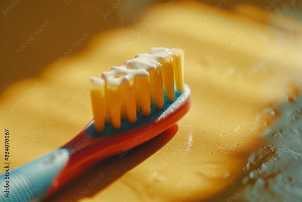 Poster A toothbrush and toothpaste creating a simple face with the toothbrush as the mouth on a light yellow background,