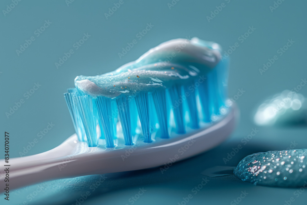 Poster a toothbrush with toothpaste forming a wave pattern on the bristles against a teal background,
