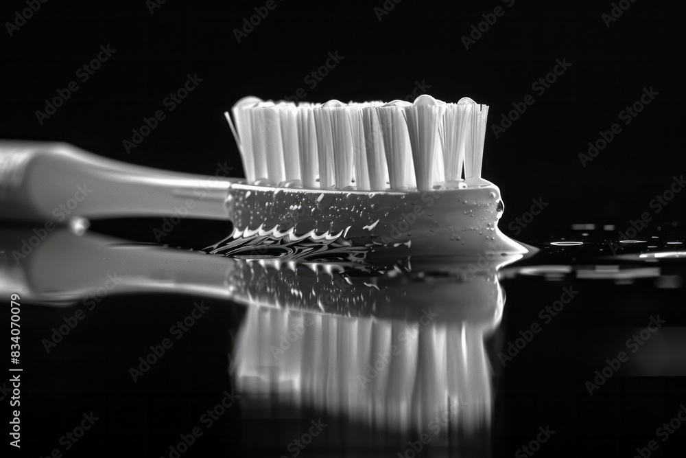 Aufkleber A minimalist composition of a toothbrush with a straight line of toothpaste running parallel to it on a black background,