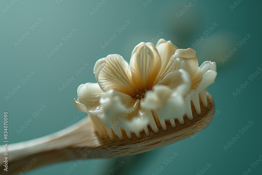Poster a toothbrush with toothpaste creating a flower petal design on the bristles against a light green ba