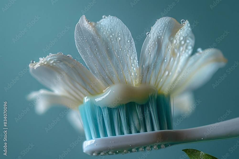 Poster a toothbrush with toothpaste creating a flower petal design on the bristles against a light green ba
