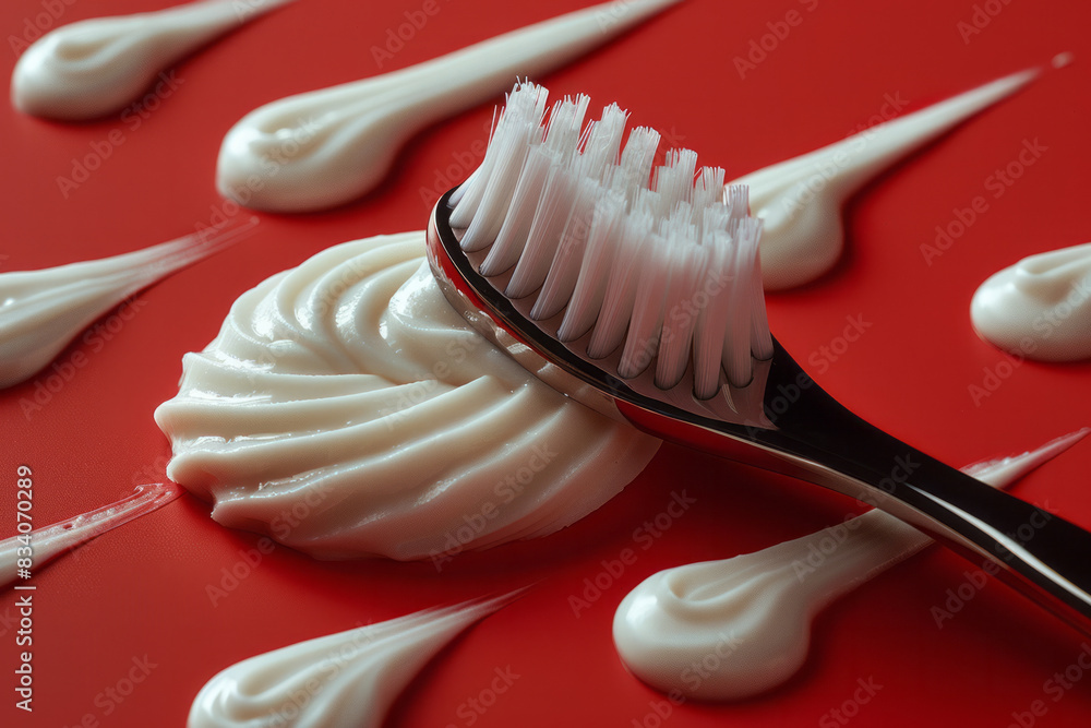 Poster toothpaste forming a spiral pattern around a toothbrush laid flat on a red background,