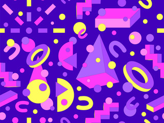 Memphis geometric seamless pattern with 3D shapes in 80s and 90s style. Colorful candy color palette. Isometric geometric 3D shapes. Design for wallpapers, banners and posters. Vector illustration