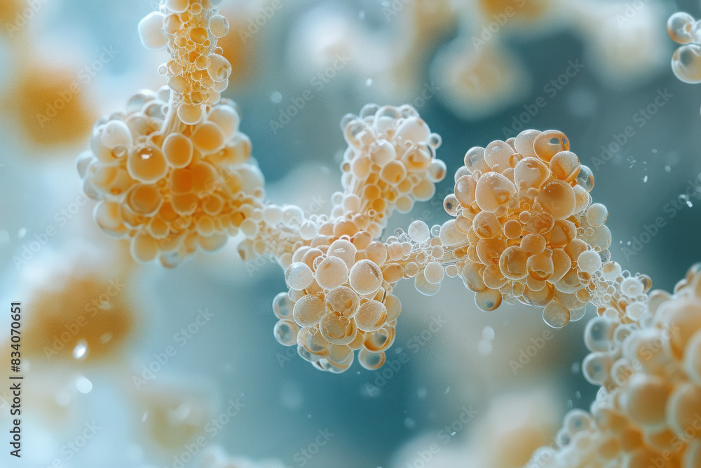 Poster A macro shot of yeast fungi forming chains, with each cell connected in a linear arrangement,
