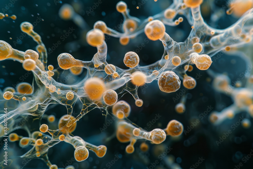 Fototapete a macro shot of yeast fungi forming chains, with each cell connected in a linear arrangement,