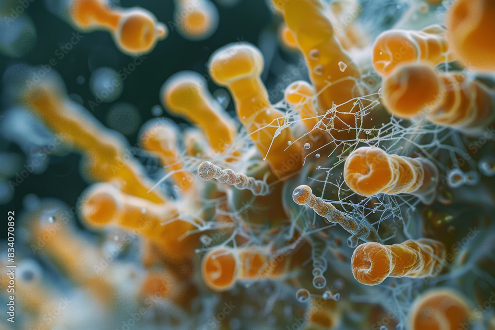 Poster An image of yeast fungi interacting with bacteria, highlighting the interspecies interaction,
