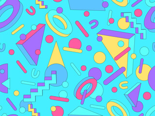 Memphis geometric seamless pattern with 3D shapes in 80s and 90s style. Colorful candy color palette. Isometric geometric 3D shapes. Design for wallpapers, banners and posters. Vector illustration