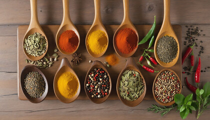 Assortment of colorful spices in wooden spoons for cooking and seasoning in the kitchen