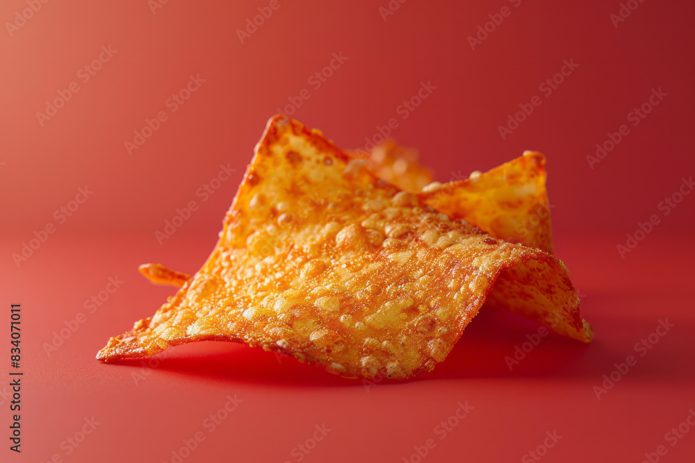 Poster a macro shot of a chip with a rich, cheesy coating against a solid red background,