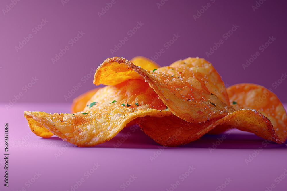 Poster A macro view of a chip with a crunchy texture and visible herbs on a solid purple background,