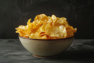 A detailed view of a bowl overflowing with crispy chips against a solid black background,