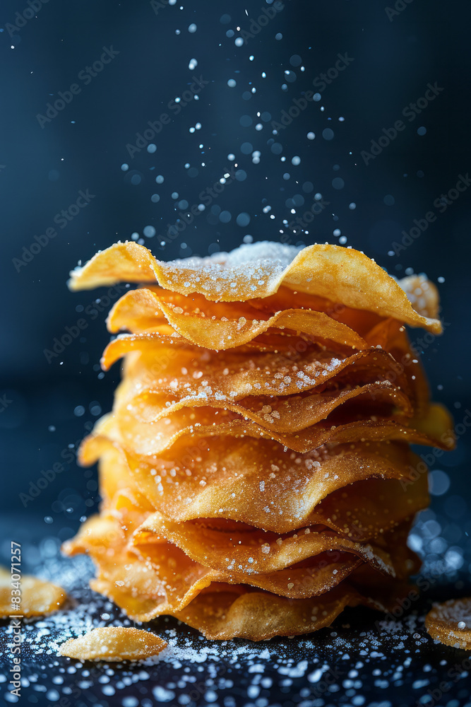Poster a stack of chips with a light dusting of sea salt against a solid navy background,