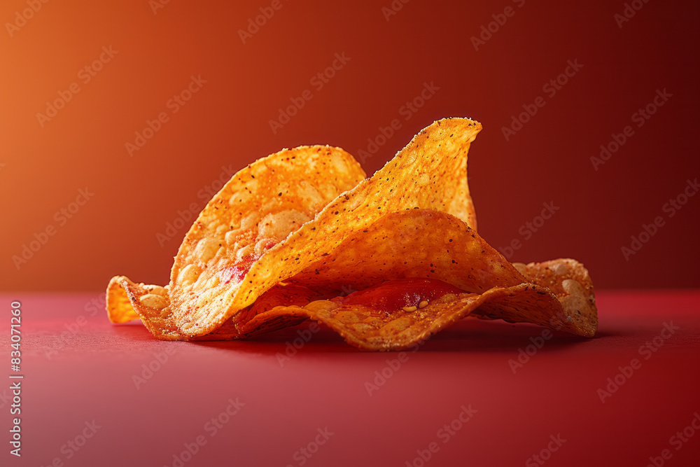 Poster a single chip with a spicy coating and visible chili flakes on a solid red background,