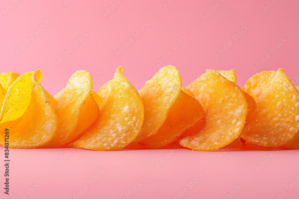 Poster A few chips arranged in a neat row on a solid pink background,
