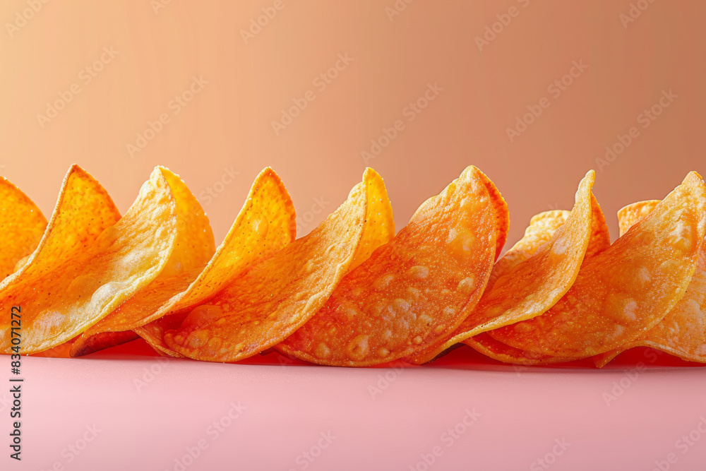 Poster A few chips arranged in a neat row on a solid pink background,