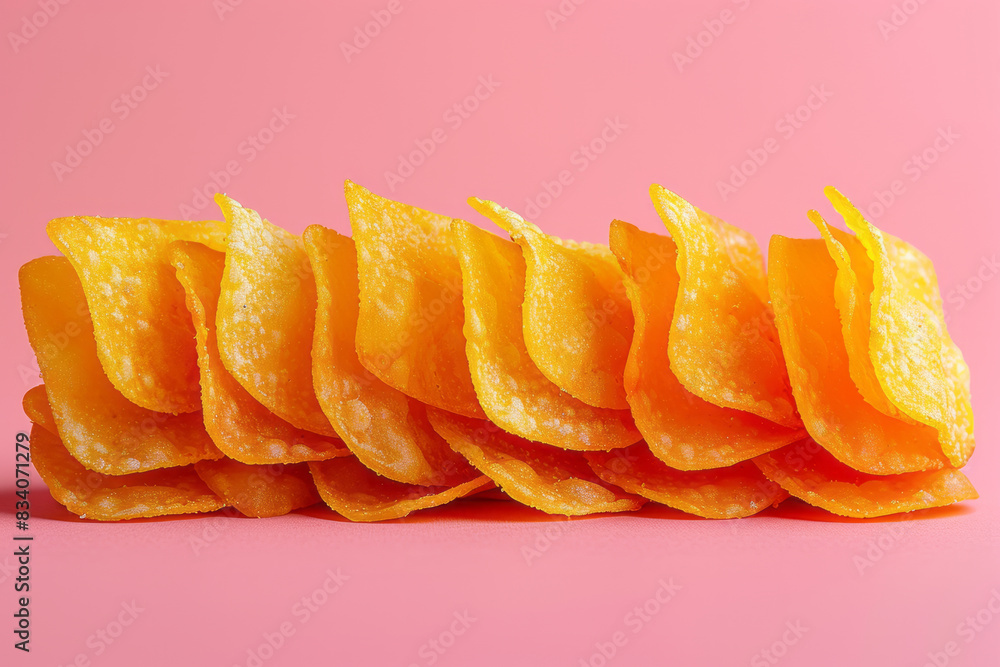 Poster A few chips arranged in a neat row on a solid pink background,