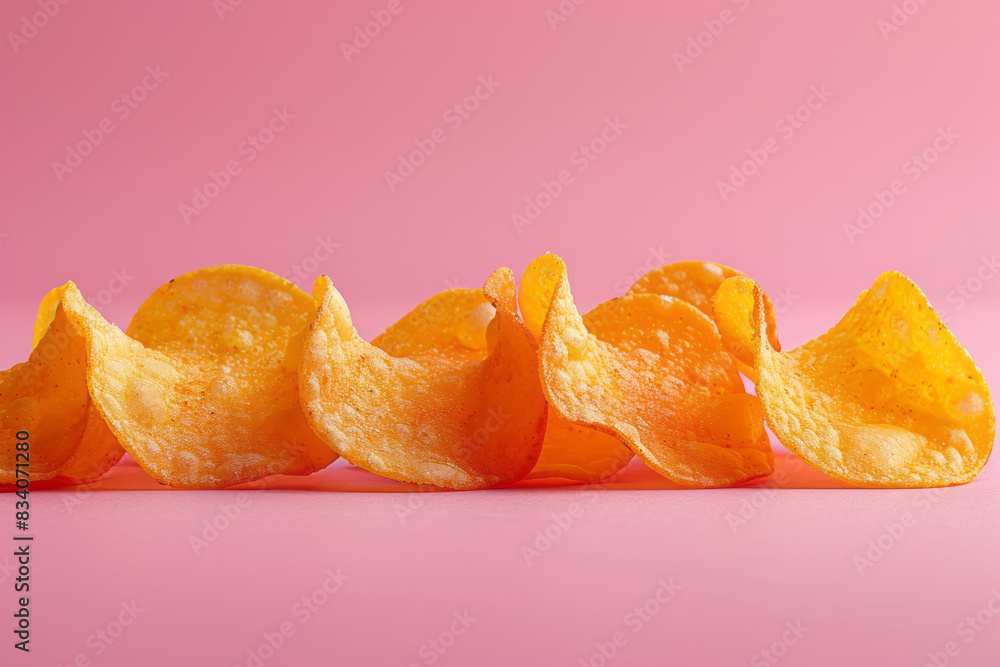 Poster A few chips arranged in a neat row on a solid pink background,
