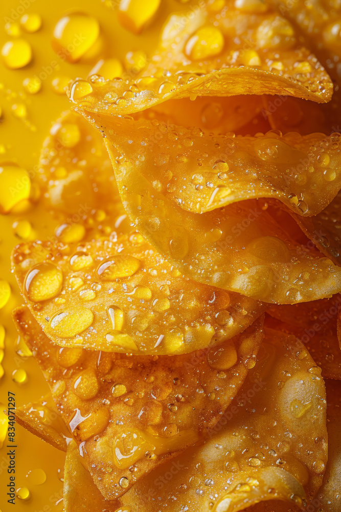 Poster a macro image of a chip with a honey mustard glaze against a solid yellow background,