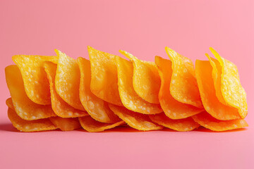 A few chips arranged in a neat row on a solid pink background,