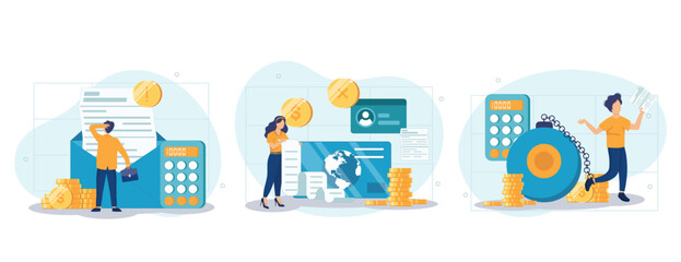 Characters having financial problems, debts and loans. People holding long bill, reading letter from collection agency and carrying debt. Flat cartoon vector illustration and icons set.