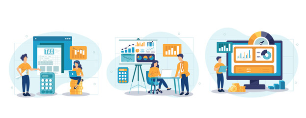Financial data analysis illustration set. Advisor with client analyzing financial report and calculating tax report. Data and finance management concept. Vector illustration.