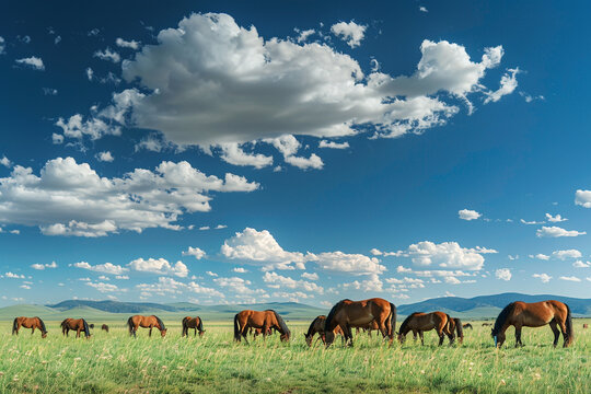 A herd of wild horses grazing on a grassy plain under a vast, open sky dotted with fluffy white clouds, with mountains visible in the distance.