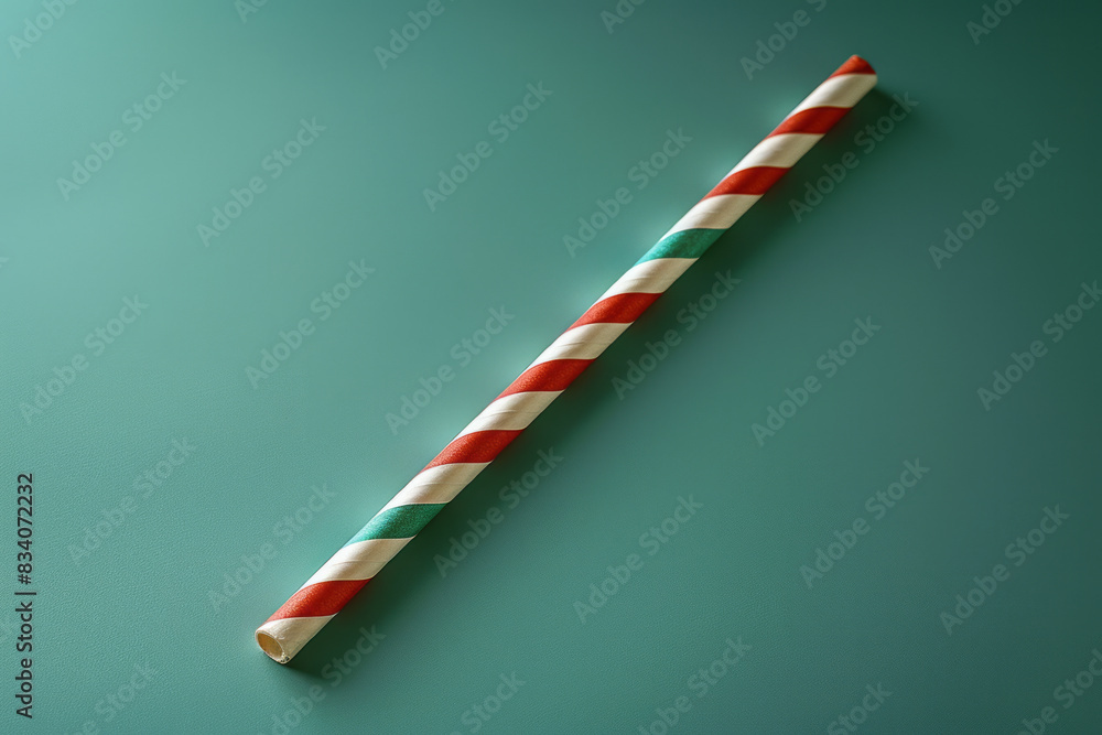 Poster a single paper straw with a simple striped pattern, lying flat against a pastel green background,
