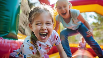 Children is laughing when playing on bouncy castle