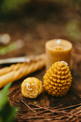 Handmade candles from natural beeswax in the shape of flowers, cones and others on an old stump in the forest. Hobby.Small business.Artistic photo of beekeeping products against the backdrop of nature