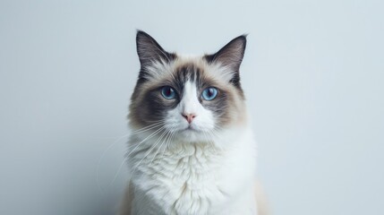 Obraz premium Bicolor Ragdoll cat with dark blue eyes sitting upright and staring at the camera on a white backdrop