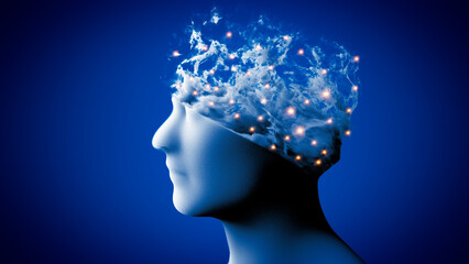 Face seen from the side. Degenerative disease. Brain degenerative diseases, Parkinson, synapses, neurons, Alzheimer's, illness, concept. 3d rendering
