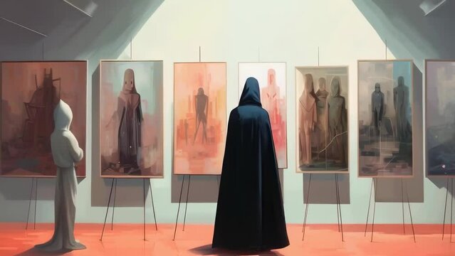 Two hooded figures, of mixed gender and ethnicity, view mysterious paintings in a dimly lit art gallery. Their black cloaks enhance the mysterious mood of the scene.