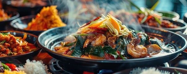 Top view of various Asian cuisine dishes beautifully presented on a dark background with vibrant colors.