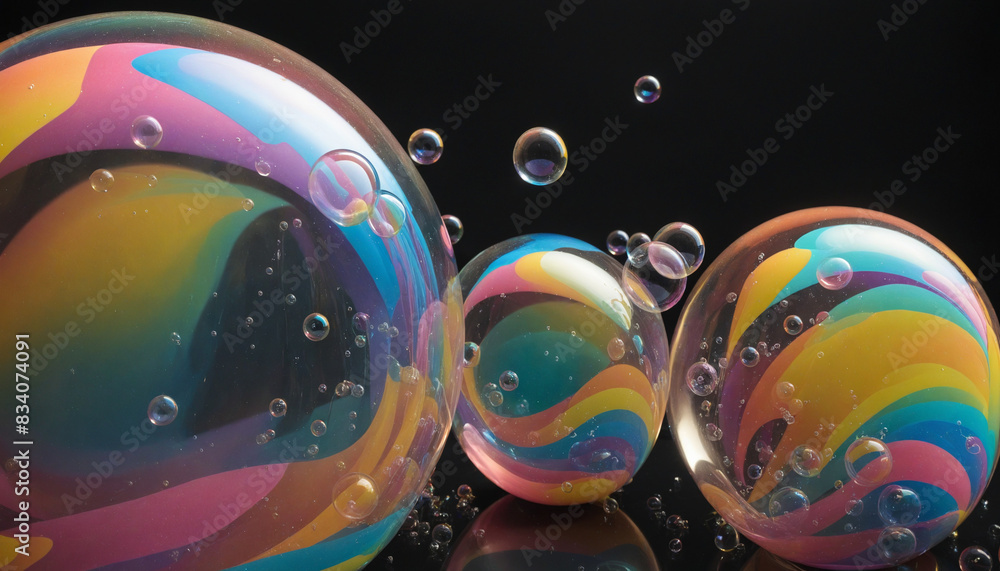 Poster iridescent soap bubbles creating a colorful rainbow fantasy on a dark canvas through generative ai