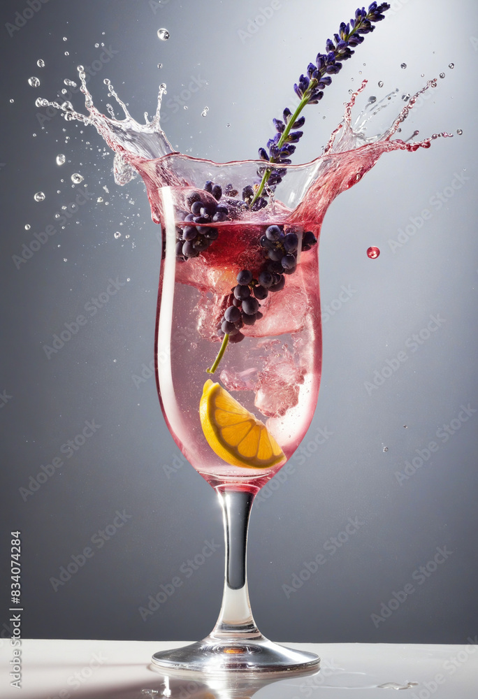 Fototapete generative ai creating a refreshing red cocktail with cherry and grape splashing in a glass isolated