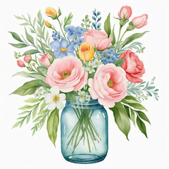 Obraz premium An elegant and modern watercolor illustration of a generatively designed floral arrangement in soft pastel hues, perfect for a bohemian wedding or chic event
